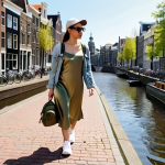 **

A woman wearing a casual slip dress outfit: A knee-length satin slip dress in a muted olive green color. She's wearing white sneakers and a light wash denim jacket. She has a small backpack slung over one shoulder and is wearing sunglasses and a baseball cap. She's walking down a sunny street in Amsterdam, past the canals.

**