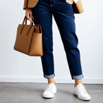 A professional woman, mid-30s, standing confidently in a modern, well-lit co-working space. She is wearing a pair of dark blue, well-fitting, modest jeans, a tucked-in white long-sleeve cotton top, and a structured camel oversized blazer. Her feet are adorned with stylish, clean white sneakers. She carries a minimalist leather tote bag. The overall look is effortlessly chic and comfortable for a busy day. perfect anatomy, correct proportions, natural pose, well-formed hands, proper finger count, natural body proportions, professional photography, high quality, safe for work, appropriate content, fully clothed, professional, modest.