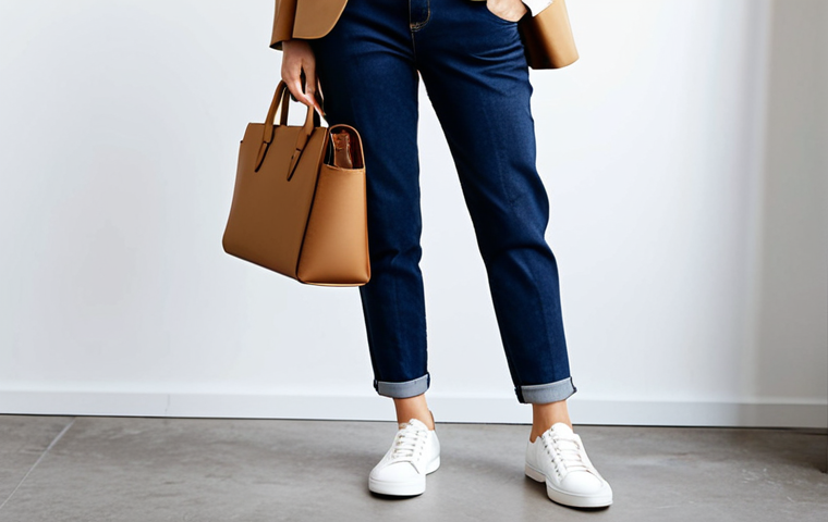 A professional woman, mid-30s, standing confidently in a modern, well-lit co-working space. She is wearing a pair of dark blue, well-fitting, modest jeans, a tucked-in white long-sleeve cotton top, and a structured camel oversized blazer. Her feet are adorned with stylish, clean white sneakers. She carries a minimalist leather tote bag. The overall look is effortlessly chic and comfortable for a busy day. perfect anatomy, correct proportions, natural pose, well-formed hands, proper finger count, natural body proportions, professional photography, high quality, safe for work, appropriate content, fully clothed, professional, modest.